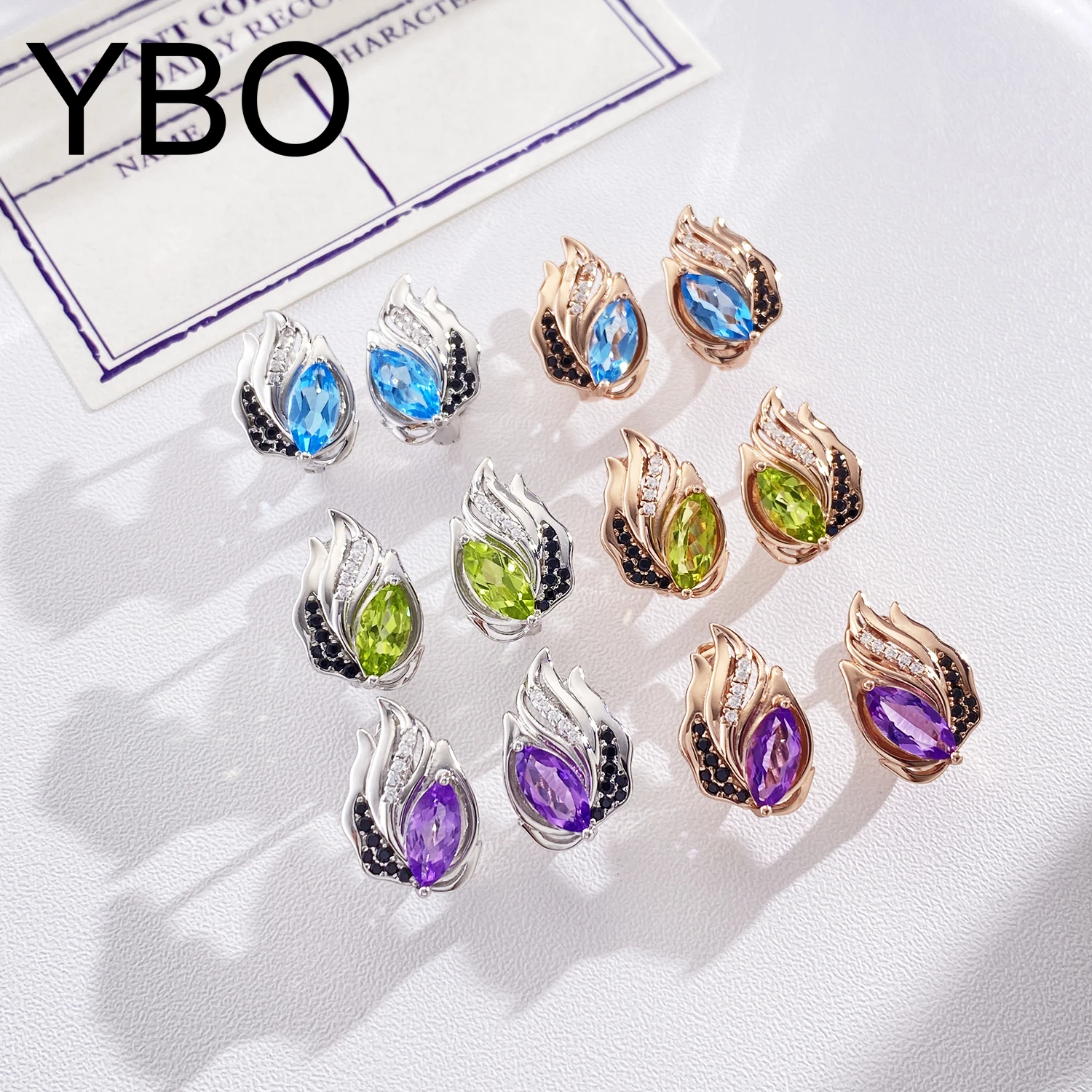 Ybo Classic Lotus Flower Orecchini A Bottone Natural Mariquesa Gemstone Peridoto Ametista Blue Topaz Black Cz 925 Orecchini In Argento Gioiello