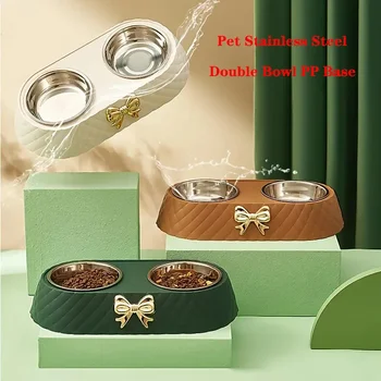 Ciotola per cibo per gatti per animali domestici Base in PP Papillon Bowknot Alimentatore per gatti Doppia ciotola in acciaio inossidabile Alimenti per cani Contenitore per bere Forniture per animali domestici