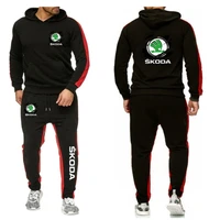 NEW Men Spring Autumn Stylish SKODA Logo Solid Color Sweatshirt Set Casual Long-sleeved Hoodies Pants Polar Two Piece Suit 2