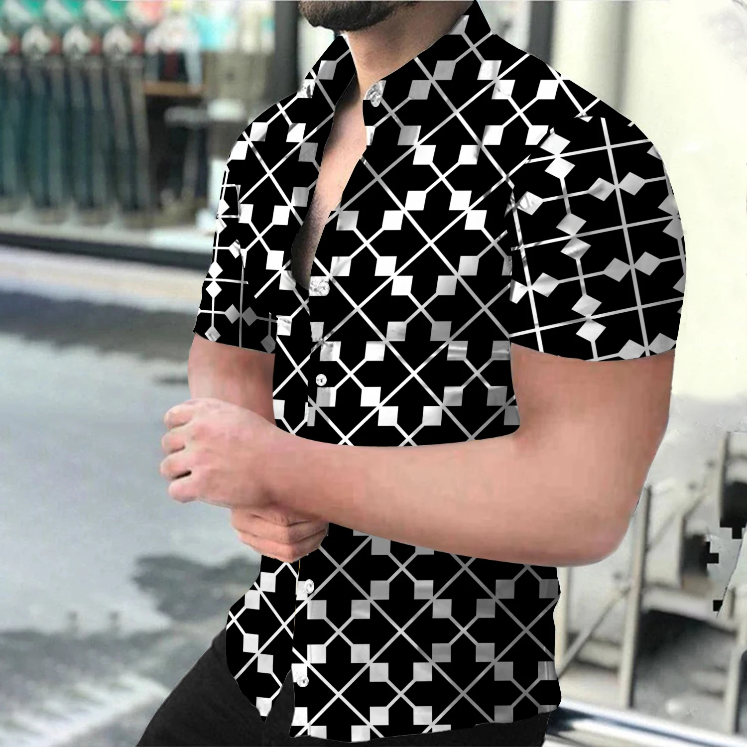 Men Lapel Hawaiian-3D Black-White Shirts