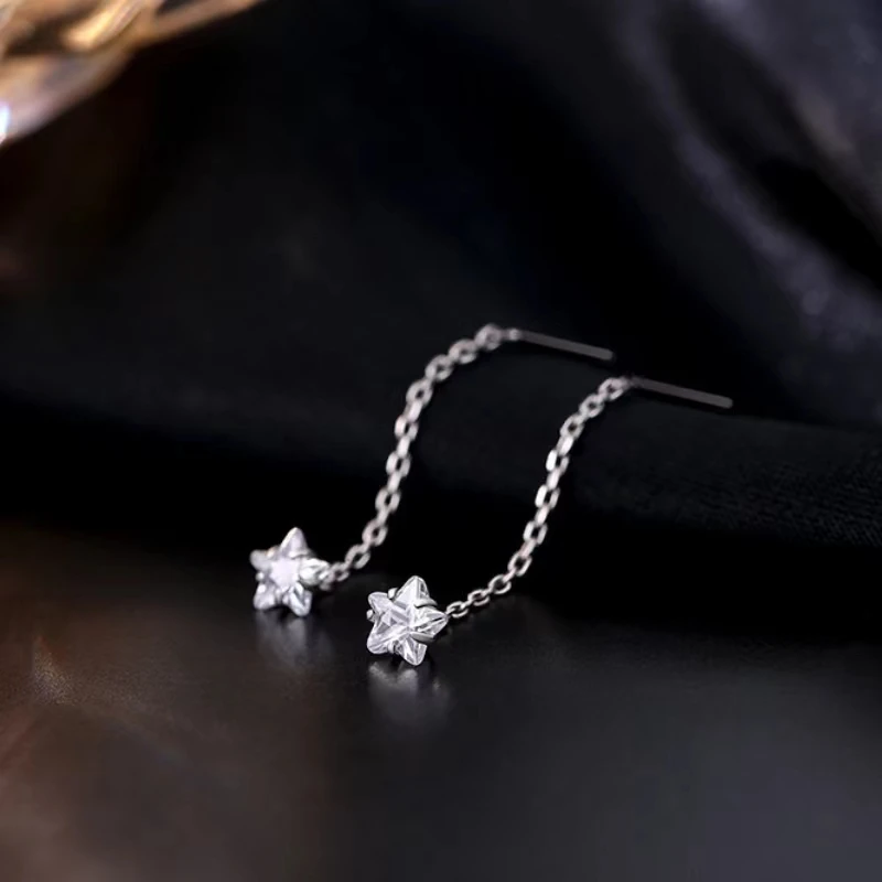 

2pcs S999 Silver Minimalist gloss Zircon tassel drop earrings for women Star Flower geometric long line earrings Luxury jewelry