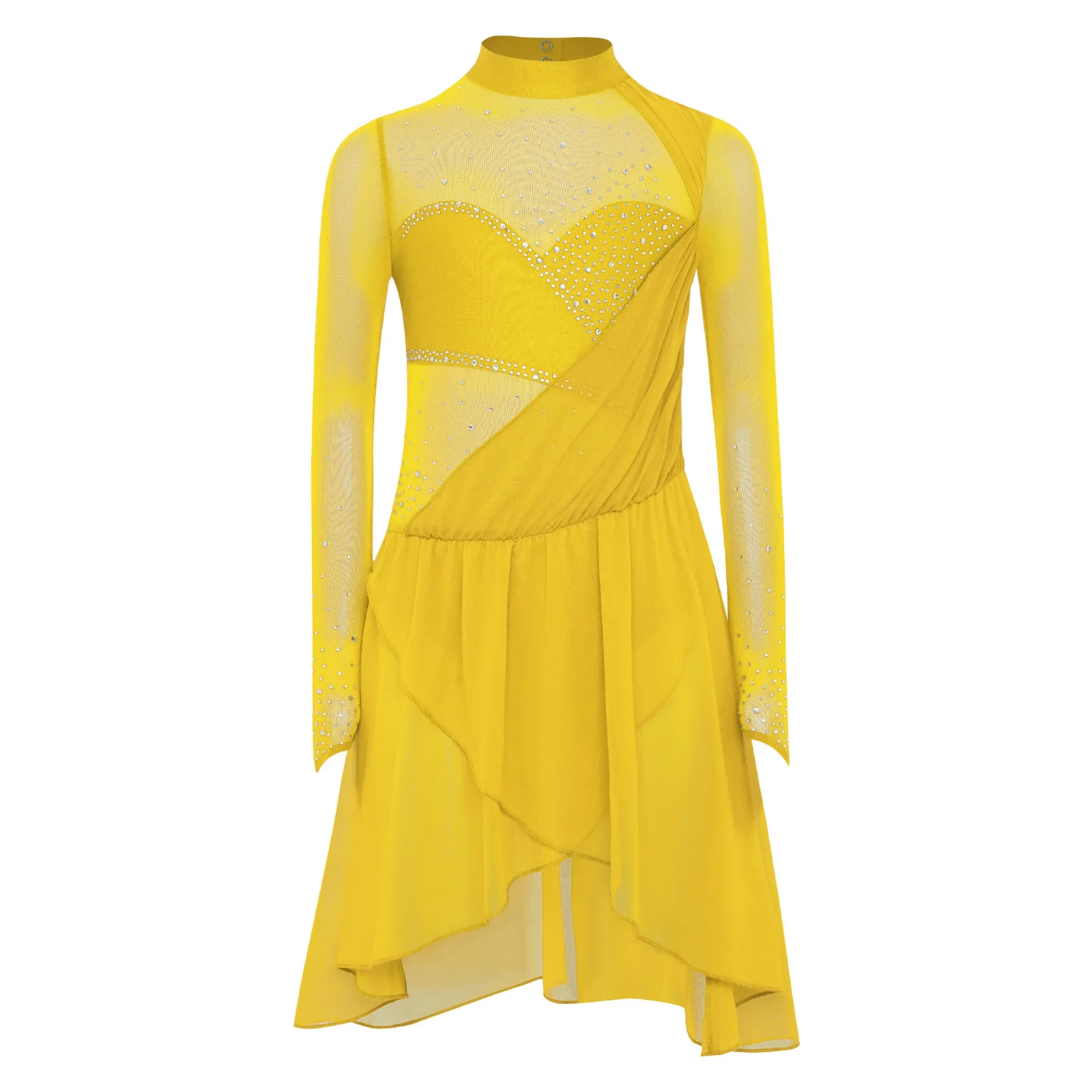 Kinder Mädchen Langarm Strass Sheer Mesh Eiskunstlauf Trikot Kleid Moderne Lyrical Dance Gymnastik Ballett Kostüm – Detail 8