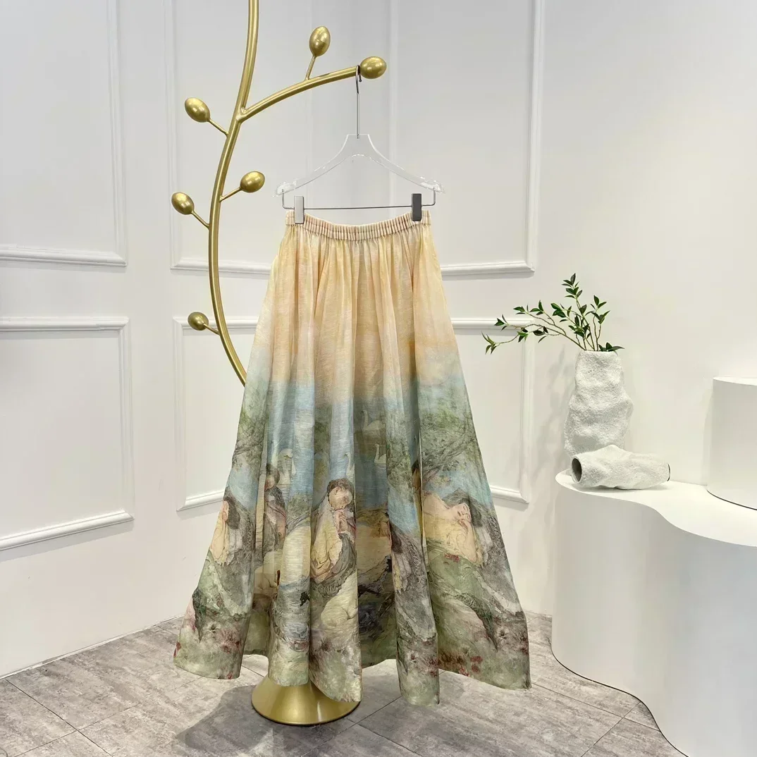 

Latest Collection High Quality Silk Linen Natural Scenery Print Folds Woman Vintage Midi Casual Skirt