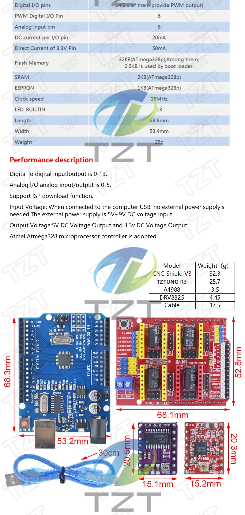 TZTUNO R3 Shield V3 Graviermaschine 3D-Drucker + 4 Stück DRV8825 oder A4988 Treiber-Erweiterungsplatine für Arduino mit USB-Kabel – Detail 5