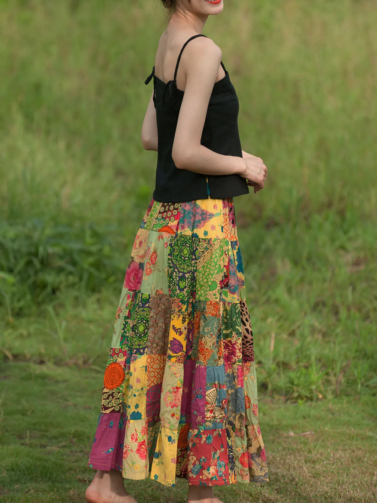 Ethnic Style Women's Cotton Floral Patch Patchwork Bohemian Print Stretch  Waist Length Maxi Dress Casual Beach Long Dress Summer - AliExpress  200000345