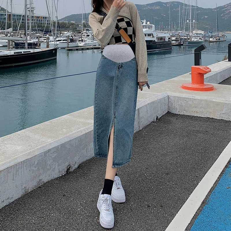 Pregnant Women Skirt Splits Denim Maternity Spring Summer Casual Pencil Straight Daily Wear