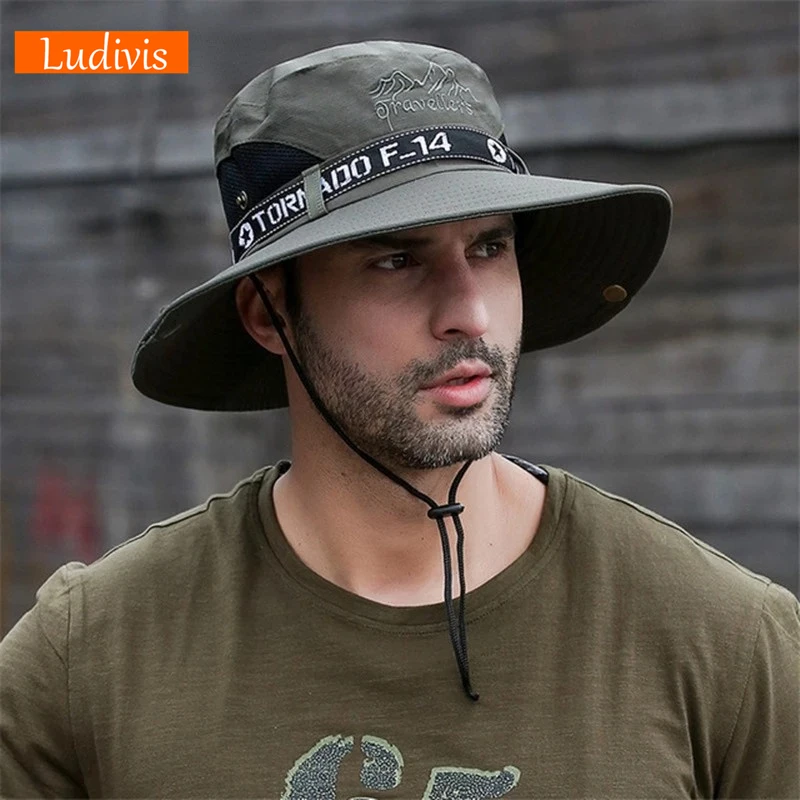 

LUDIVIS Summer Hats Men Sun Protector UV-proof Breathable Bucket Hat Large Wide Brim Hiking Outdoor Fishing Beach Cap Cowboy New