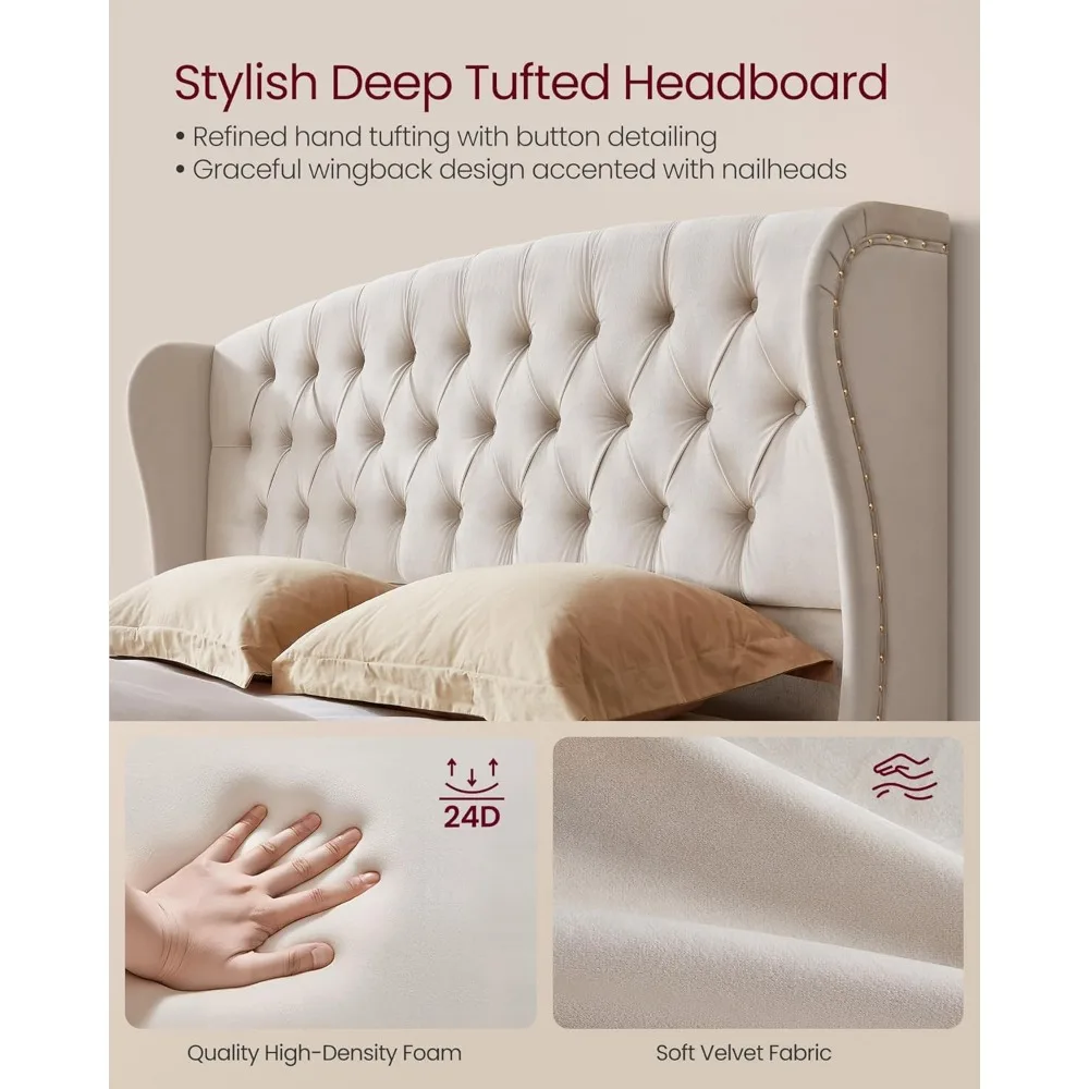 Bed Frame with Tall Headboard,Upholstered Platform Bed Frame King Size,with Wingback Tufted Headboard and Footboard,Wooden Slats 3