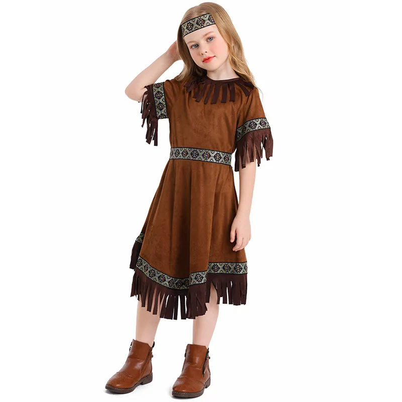 Cartoon Primitive Man Cosplay Native American primitive tribe tassel skirt Costume Halloween party for girl chief