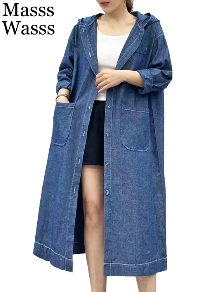 

Женский джинсовый Тренч с капюшоном Masss Wasss, длинная свободная винтажная Повседневная ветровка, весна 2023