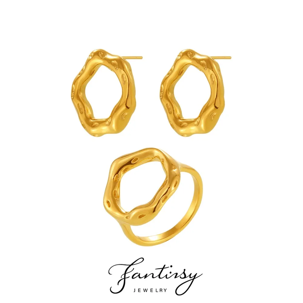 Einfache 316L Edelstahl Vergoldet Ohrringe Ring Set frauen Unregelmäßige Hohl Stud Persönlichkeit Ring Luxus Schmuck Geschenk