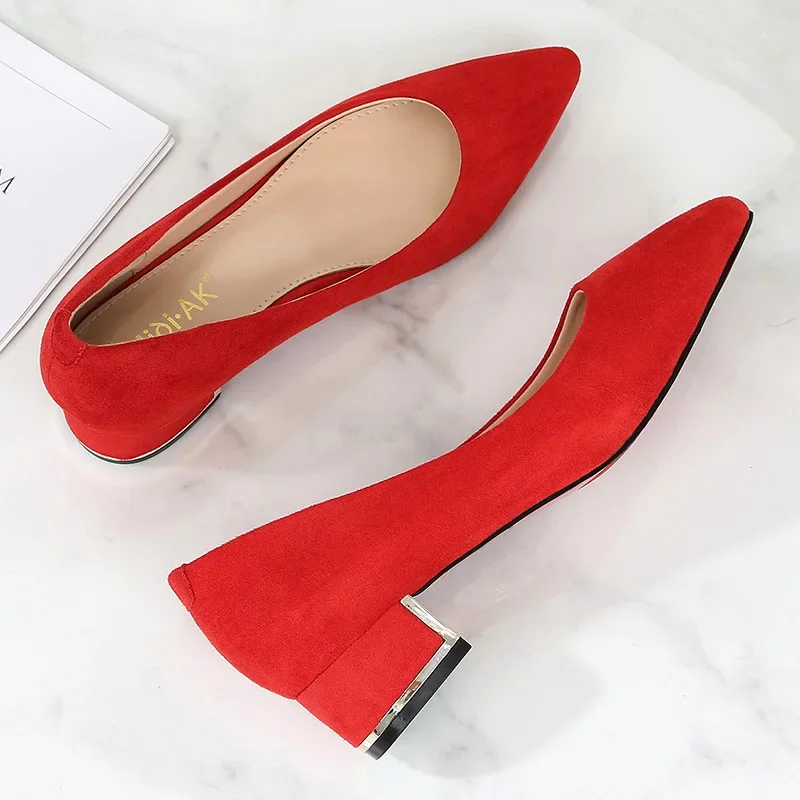 Big Size 34-43 Women Suede Leather Shoes 3.5CM High Heels Ladies Dress Work Shoes Slip On Pumps Woman Square Heels Wedding Shoes