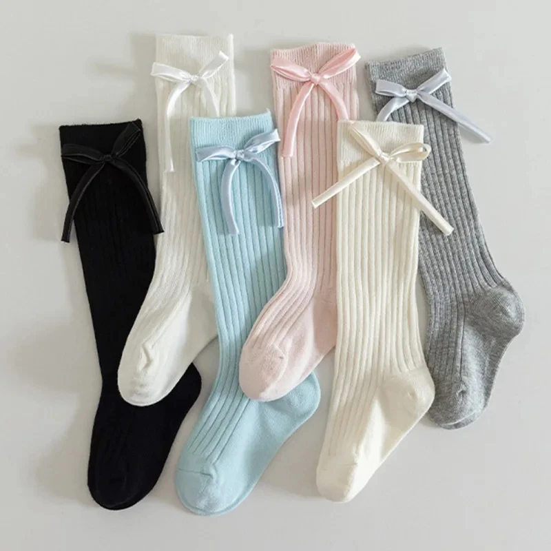 Children Princess Bow Calf High Long Socks Girls Japanese JK Stockings Candy Color Bowknot Calf Socks for Girls School Uniform