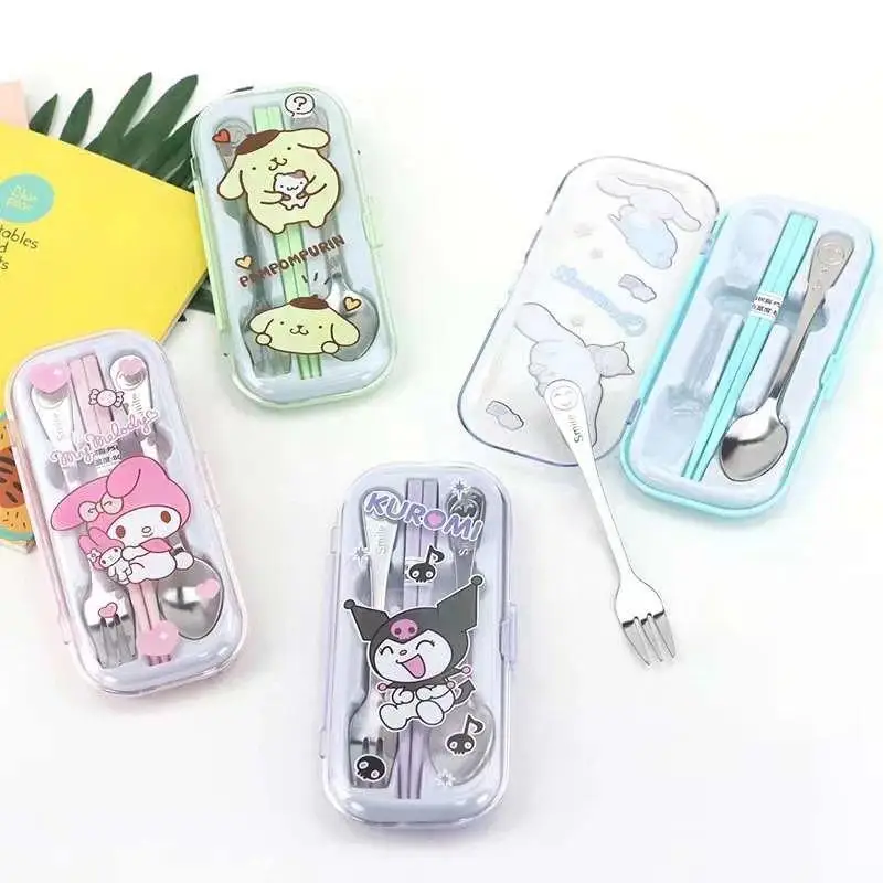 

Kawaii Sanrio Anime Tableware Set Cute Pompompurin Cinnamoroll Kuromi Stainless Steel Tableware Originality Children Gifts