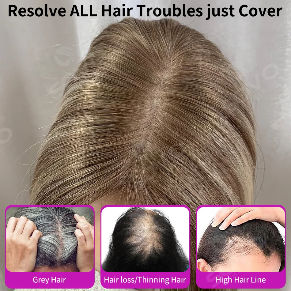 Topper per capelli umani lisci con riflessi per donna 10x12CM, base in pelle con 4 clip, capelli veri traspiranti - immagine 3
