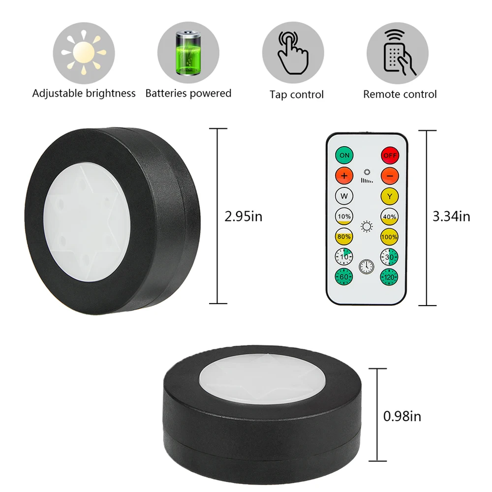 1-6Pcs Black CCT Round LED Under Cabinet Closet Light Furniture Dimmable Wardrobe Lamp Warmwhite White 3000-6500K Remote Control led cabinet light,cabinet lights,led cabinet lights,under cabinet light