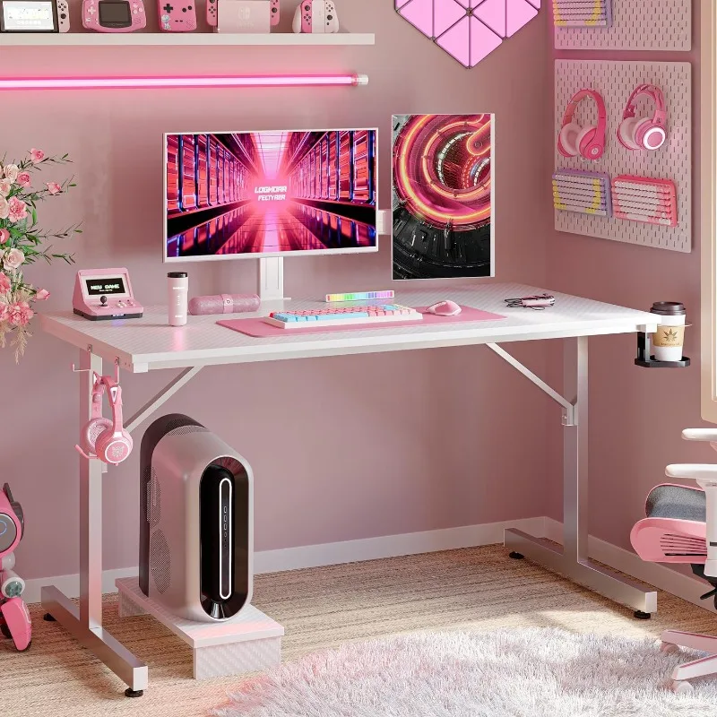 Small Gaming Desk with Monitor Stand, 42 inch LED Computer Desk, Gamer Workstation with Cup Holder & Headset Hooks