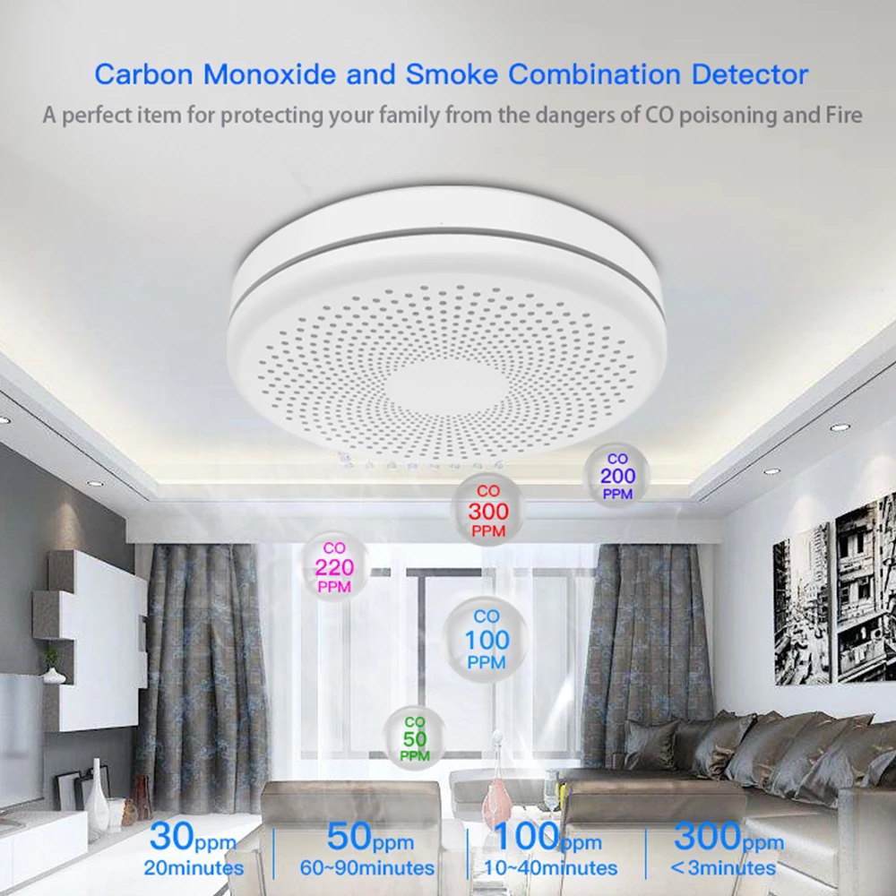 CPVAN 2 in 1 Smoke Carbon Monoxide Detector WiFi Tuya And Smart Life Co Fire Sensor Combination Alarm