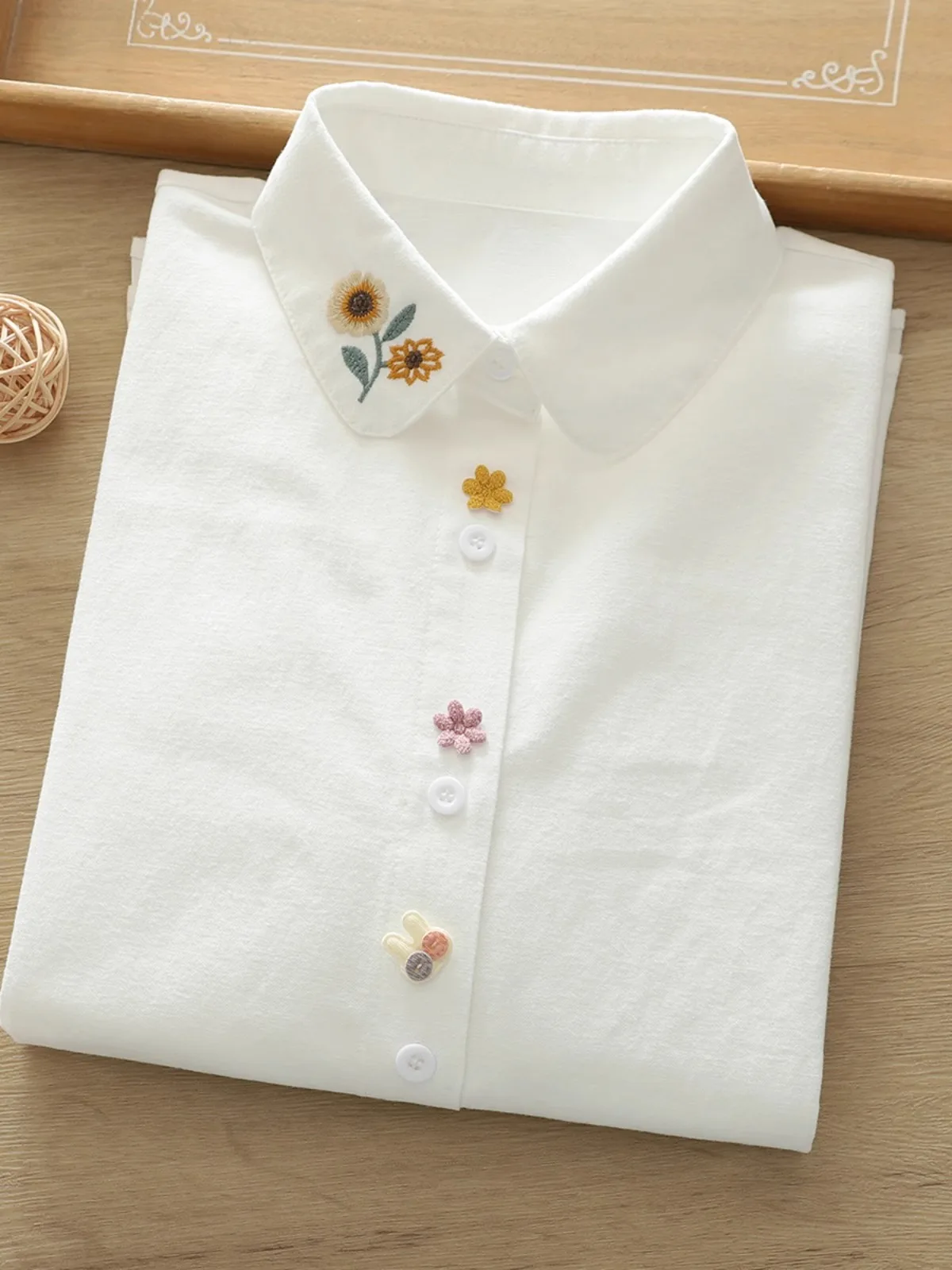 Pure Cotton Long-Sleeve Shirt for Women, New Spring and Autumn Style, Versatile, Artistic Sunflower Embroidery, 3D Cute Rabbit Shirt, Student Casual Layered Top 4