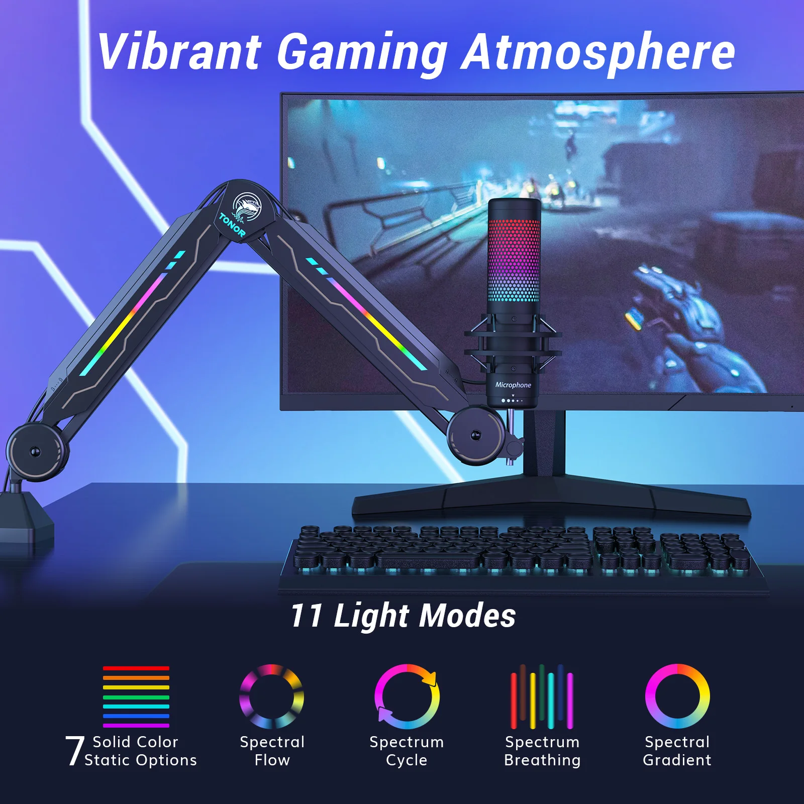 RGB Boom Arm Adjustable Mic Stand with RGB Light 5/8&rsquo;&rsquo; Screwadapter Rotatable Suspension Boom Scissor Stand