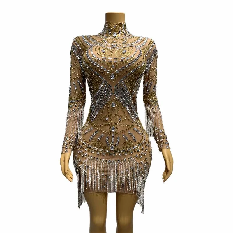

Sparkly Silver Gold Rhinestones Crystals FringesTransparent Dress Birthday Celebrate CostumeProm Party Show Sexy Dress C055