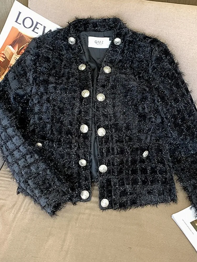

Runway Fashion V-Neck Woolen Tweed Double Breasted Jacket Women's Sweet Luxury High End Tassel Coats Female Casacos