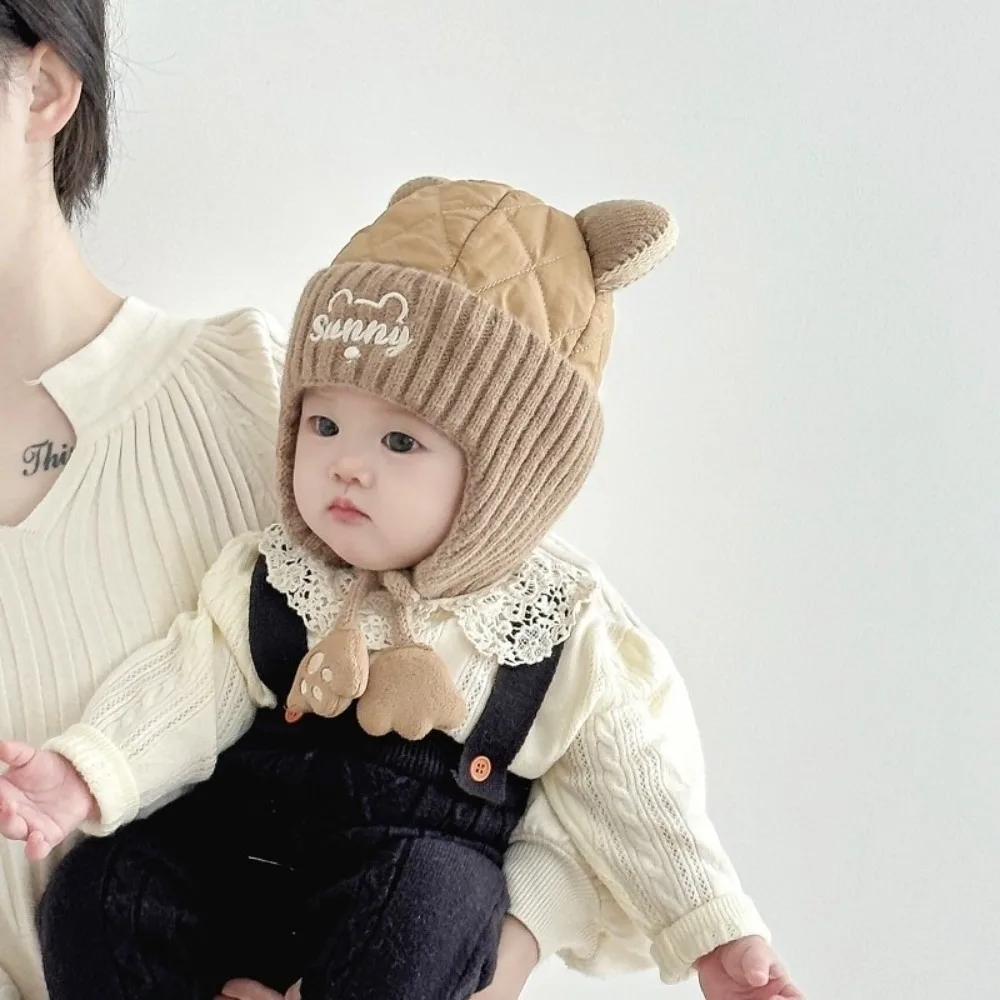 New Cartoon Bear Pullover Cap Warm Coldproof Ear Protection Hat Windproof Pompom Knitted Cap Kids