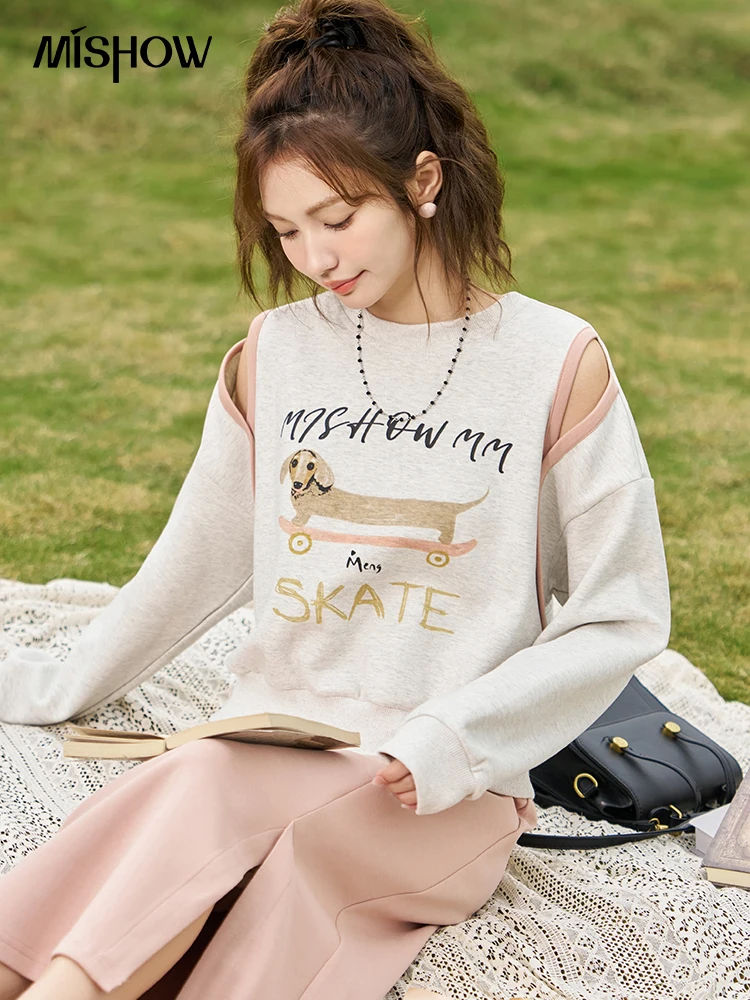 MISHOW Hoodies Skirt Set Separately Spring 2024 Casual Shoulders Contrast Hollow O Neck Top Elastic Wais A-line Skirt MXD13V0081