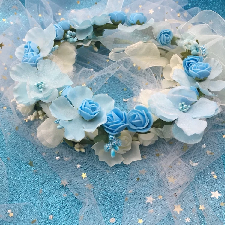 White Blue Pink Wedding Flower Crown Bridal Headband Floral Hair Wreath with Ribbon Girl Headwear Hair Accessories For Women