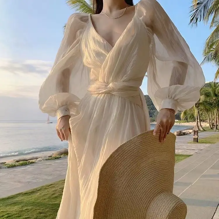 

Spring Summer New Bodycon Lady Midi A Line Dress for Women Elegant Party Robe French Style Casual Clothing Beige Beach Dresses