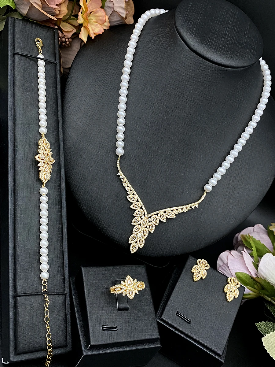 Falair 4 Pce Imitation Pearl & Zircon Jewelry Set, Copper Plated Hypoallergenic Set for Women, Wedding Anniversary Gift Box