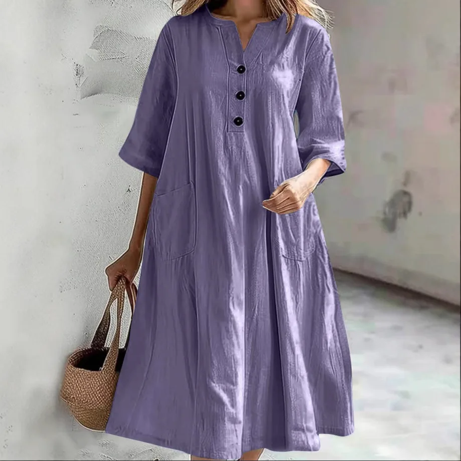 Cotton Linen Casual Beachwear Dress for Women