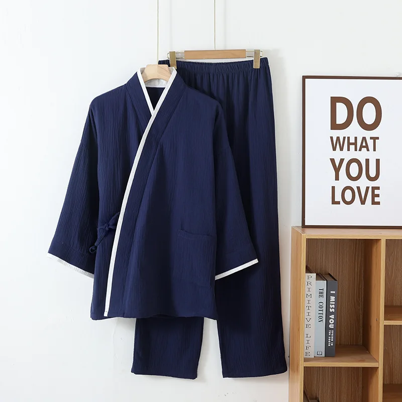 Spring Autumn Japanese Color Blocked Cotton Crepe Kimono Mens Pajamas Set Thin Lace-Up Top + Pants Loose Two-piece Male Homewear pajama sets