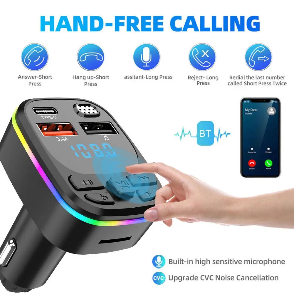 

Car Bluetooth 5.0 FM Transmitter PD Type-C Dual USB Charger Handsfree Light MP3 Modulator Colorful Fast Ambient Player 3.4A E5W9