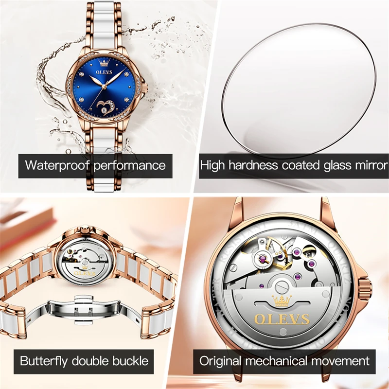 OLEVS Womens Watches Top Brand Luxury Ceramic Mechanical Watch for Women Waterproof Fashion Blue Dial Diamond Wristwatches