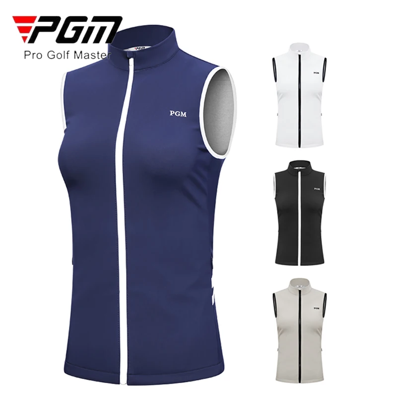 PGM Women Sleeveless Golf Jacket Ladies Windproof Slim Vest Autumn Women Full Zipper Waistcoat Side Pocket Stand Collar Vest