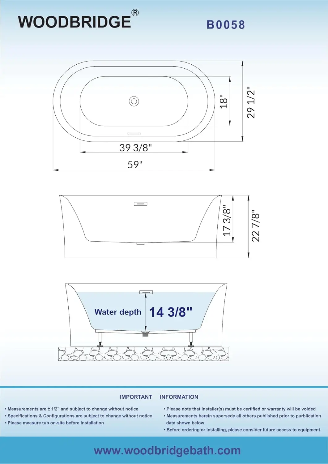 59" Acrylic Freestanding Bathtub Contemporary Soaking Tub with Matte Black Overflow and Drain White Tub