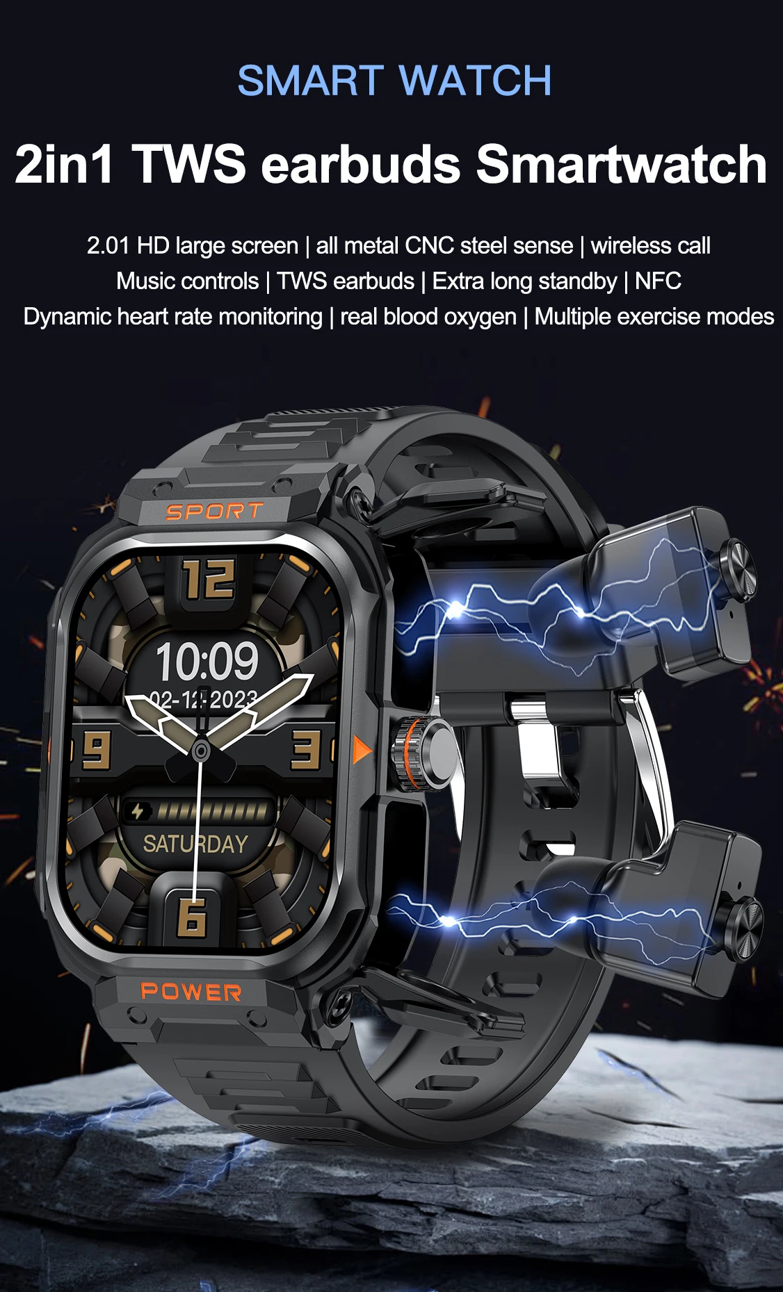 Smart Watch GT55 TWS Headset 2 In 1 Wireless Bluetooth Dual Earbuds Call Health Monitor Sport Music Earphone Smartwatch 2