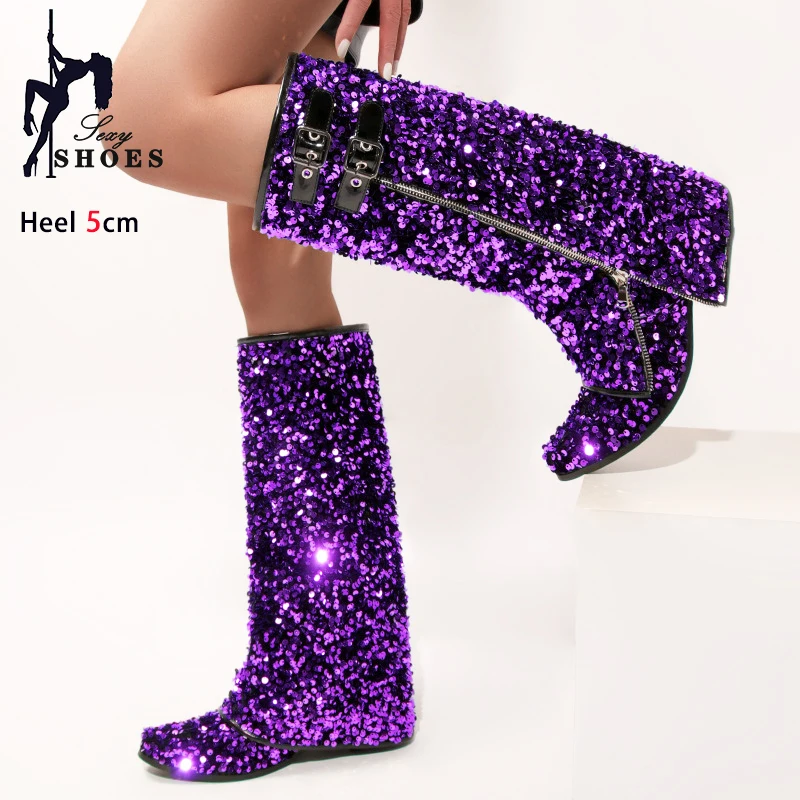 Fashion Sequin Knee-High Boots For Women 5CM Chunk Heels Glitters Party Shoes 2024 New Spring Autumn Lady Turned Over Edge Boots