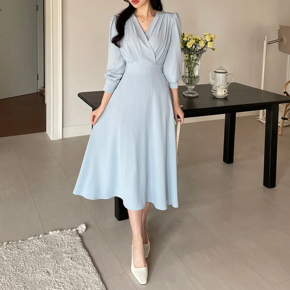 Korean Fashion Autumn Midi Dresses for Women Long Sleeves V-neck A-line Solid Casual Dress Office Lady Clothing New