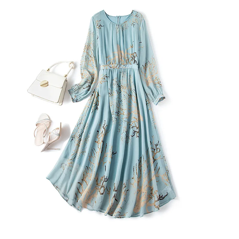 

100% Real Silk Summer Dress Women Fashion Sky Blue Printing Dresses for Women Clothing Elegant Office Lady Long Sleeve Dress Zm