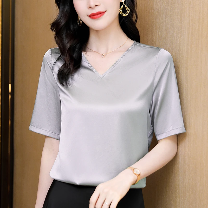 

Женская Базовая рубашка с V-образным вырезом, Элегантная блузка с коротким рукавом, однотонные топы, Женская атласная блузка из натурального шелка, лето 2024