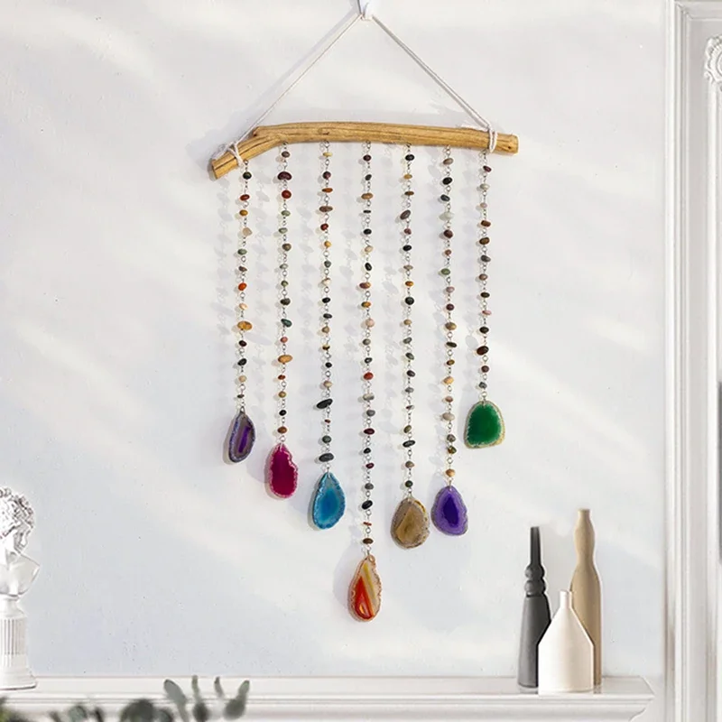 Large Natural Stone 7 Chakra Color Gemstone Moon Dream Catchers Natural Agate Dream Catcher Living Room Wall Hangings Decoration