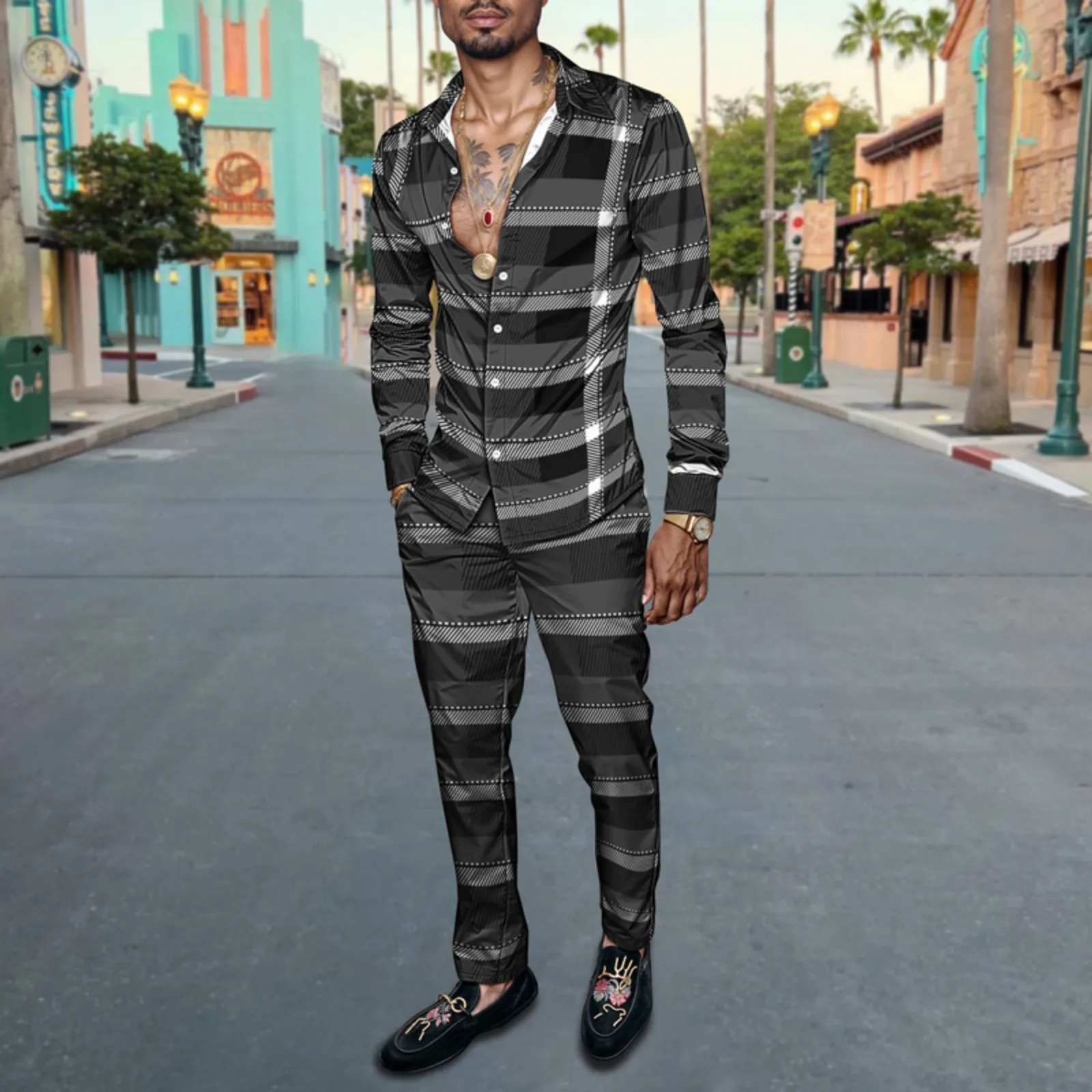 Set di camicie da uomo primavera estate 2025, stampate, alla moda, semplici, in due pezzi, a maniche lunghe, stile urbano di alta qualità_voghion.com