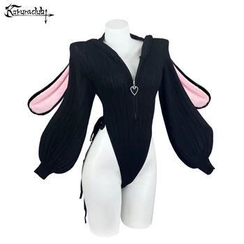 KORURACLUB Gray knitted long-sleeved Jumpsuit sweater pink Bunny girl Cute Plush rabbit tail 1