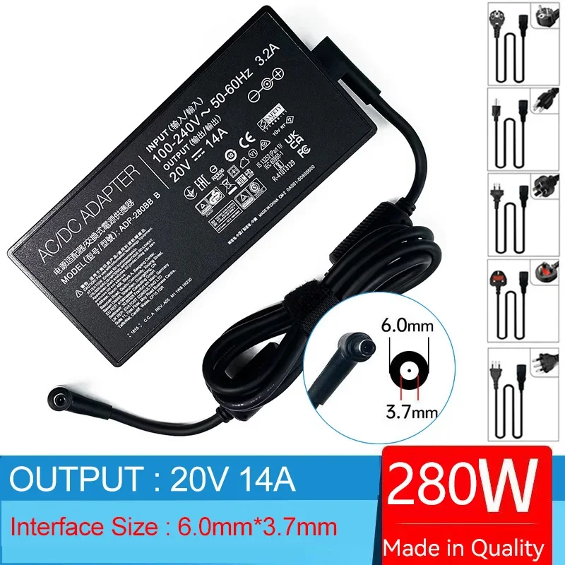 Caricabatterie Adattatore Ca Per Laptop 20V 14A 6.0Mm * 3.7Mm Per Asus Rog Zephyrus S Gx531Gw Duo Gx703 15 Gx551Qm M16 Gu603Zm G16 Gu603Vv G531