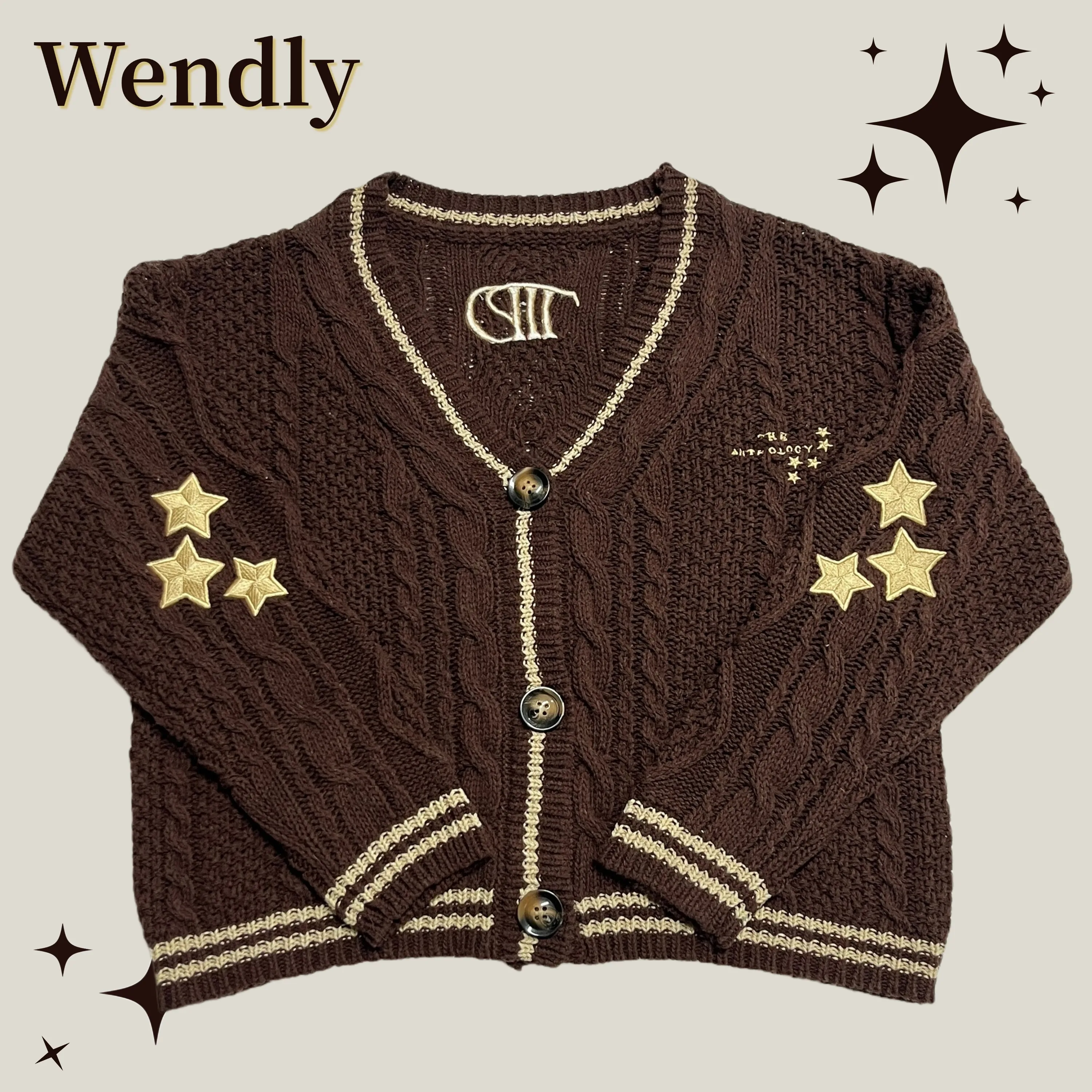 Description Picture 2 of itemLetter Embroidered Cardigan WomenV-neck Dark Brown Knitted Cardigan with Star Female Autumn Winter Long Sleeve Sweaters Tops Y2k