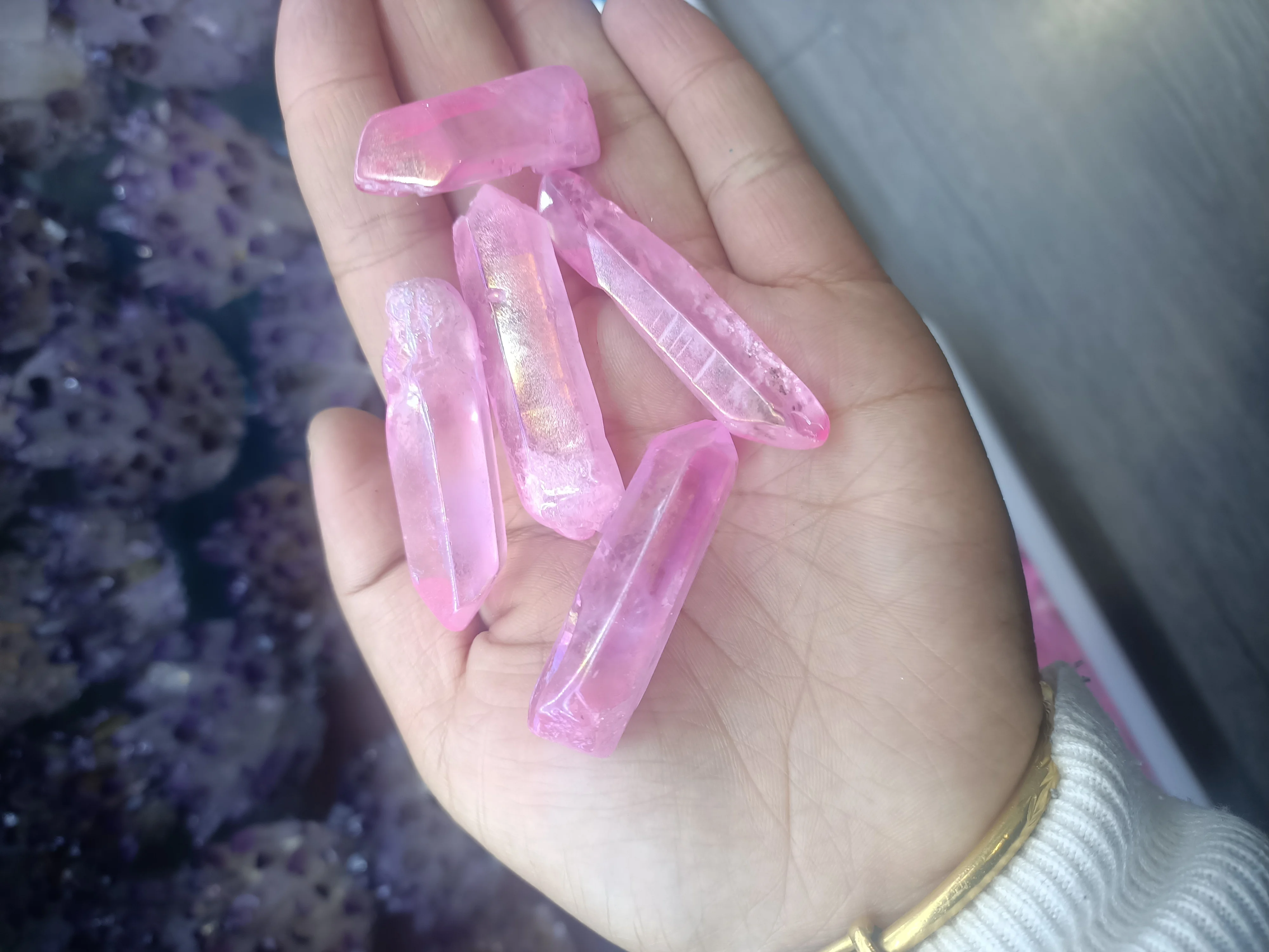 

Electroplatedpink Titanium Aura Lemurian Point Healing Stones Decor Natural Quartz Crystals