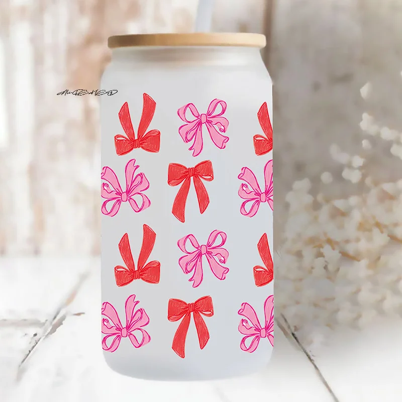 〔Sa〕Flowy Bows UV DTF Cup Wrap For 16oz Beer Glass Can Pretty Love Ribbons Cute Girly Cup Wrap Design UV DTF Sticker