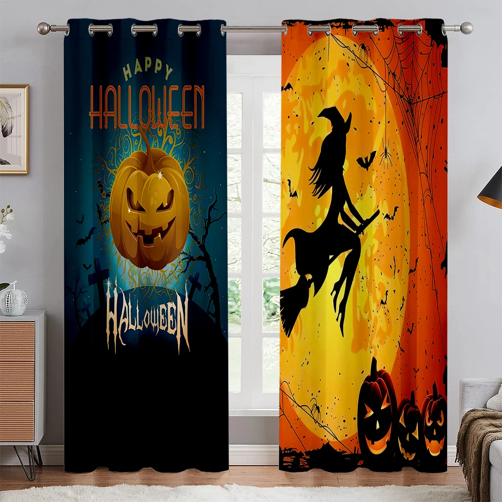 

Cute Cartoon Halloween Party Print Curtains, Polyester Curtains, Living Room Bedroom Dining Room Office Decoration Curtains 2pcs